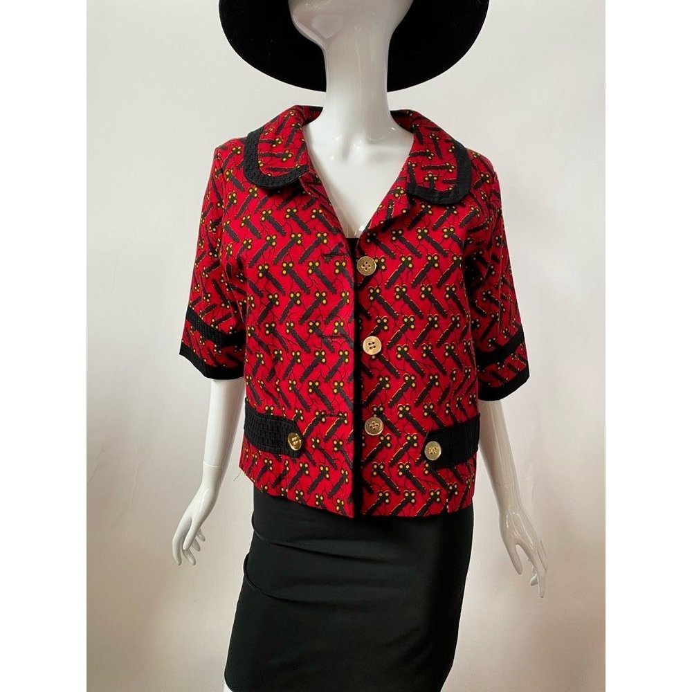 Hester Womens Suit Jacket Blazer Multicolor Geometric Short Sleeve Vintage L New
